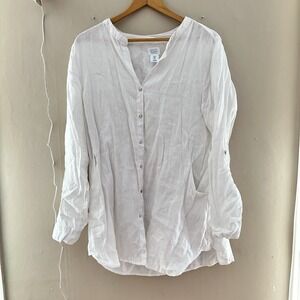Sigrid Olsen Womens Linen Button Up Tunic Top Size L White Lagenlook Coastal